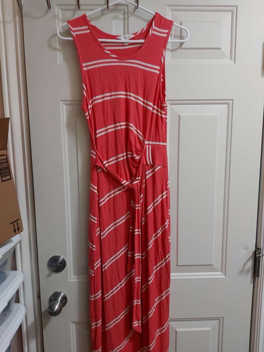 Watermelon pink and white sleeveless striped maxi dress